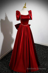 Burgundy Satin Long Prom Dress, A-Line Evening Dress with Bow